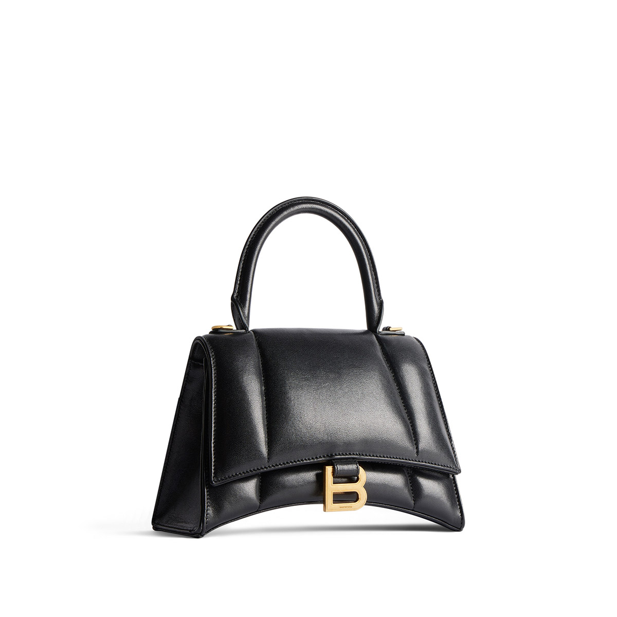 BALENCIAGA Hourglass Small Handbag In Calfskin Leather - Black & Gold Hardware