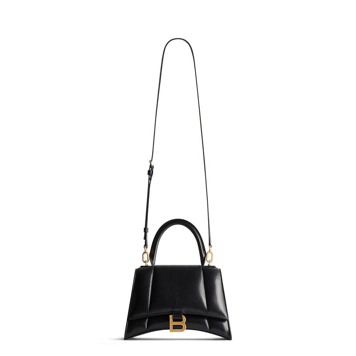 BALENCIAGA Hourglass Small Handbag In Calfskin Leather - Black & Gold Hardware