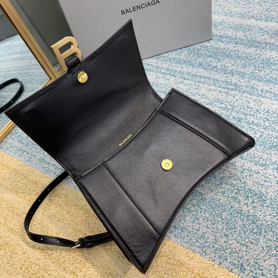 BALENCIAGA Hourglass Small Handbag In Calfskin Leather - Black & Gold Hardware