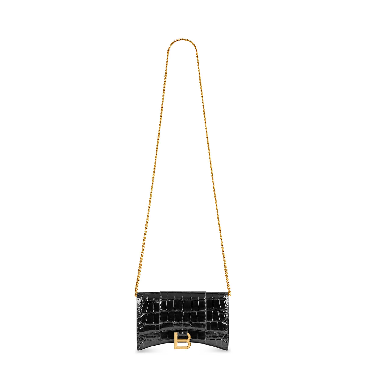 BALENCIAGA Hourglass Wallet On Chain In Crocodile Embossed Leather - Black & Gold Hardware