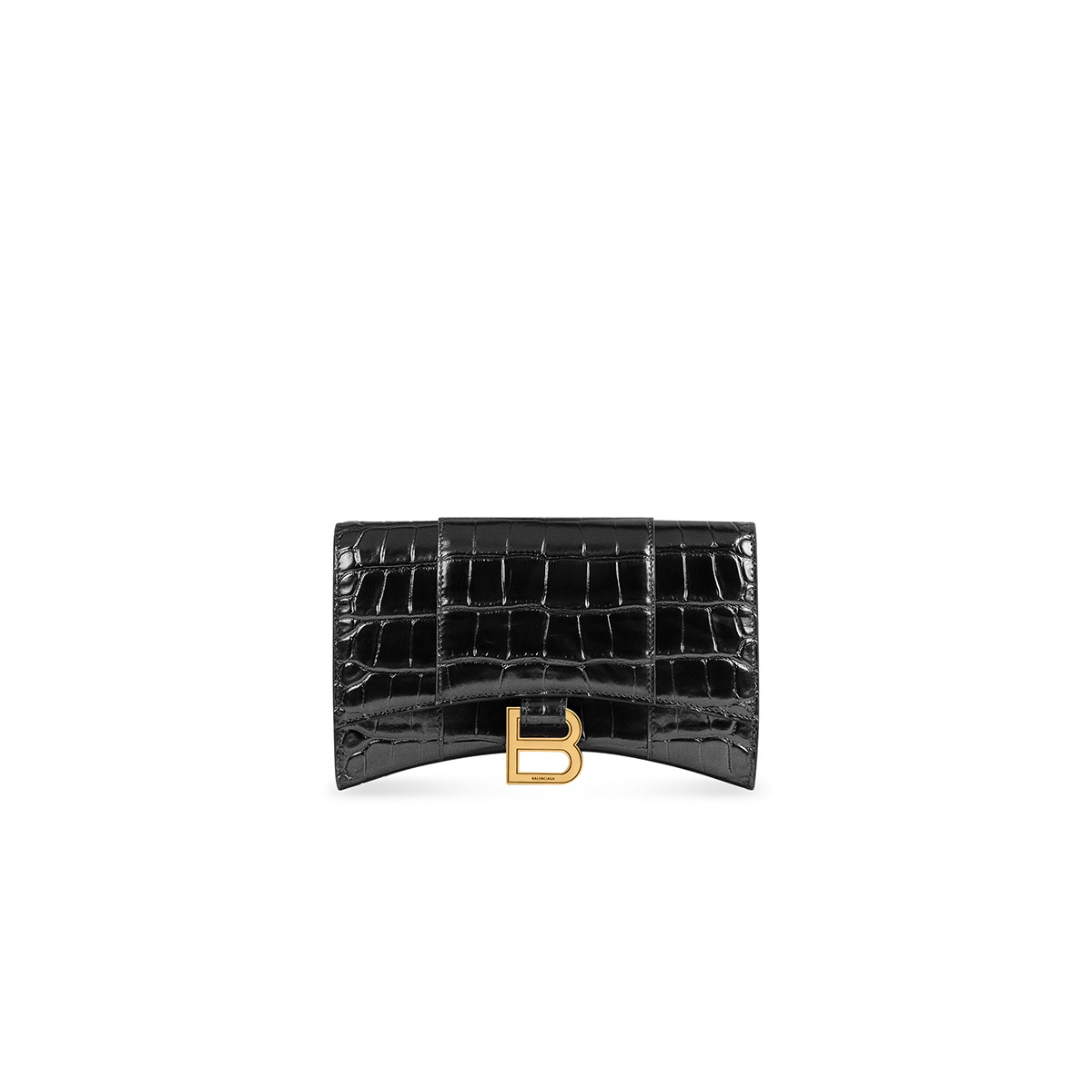 BALENCIAGA Hourglass Wallet On Chain In Crocodile Embossed Leather - Black & Gold Hardware