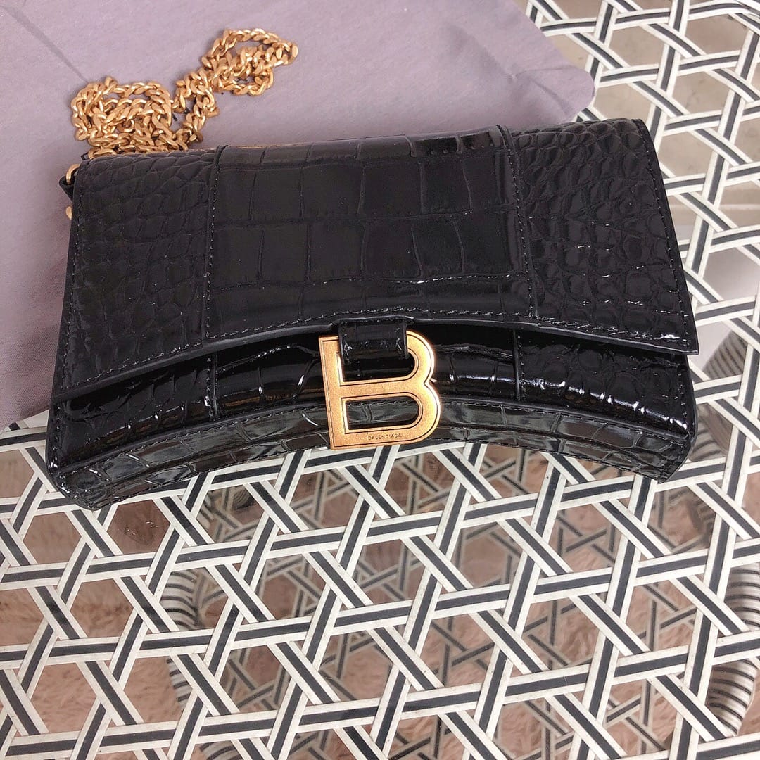 BALENCIAGA Hourglass Wallet On Chain In Crocodile Embossed Leather - Black & Gold Hardware