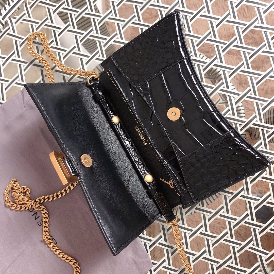 BALENCIAGA Hourglass Wallet On Chain In Crocodile Embossed Leather - Black & Gold Hardware