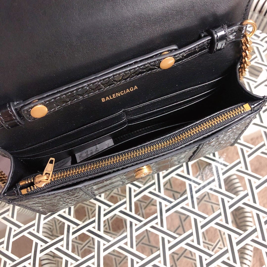 BALENCIAGA Hourglass Wallet On Chain In Crocodile Embossed Leather - Black & Gold Hardware