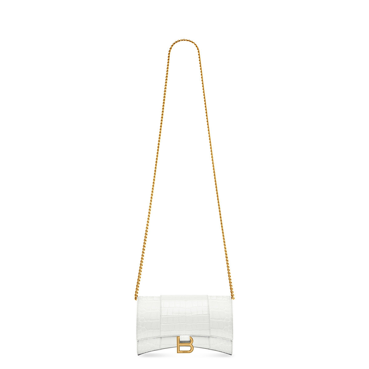 BALENCIAGA Hourglass Wallet On Chain In Crocodile Embossed Leather - White & Gold Hardware