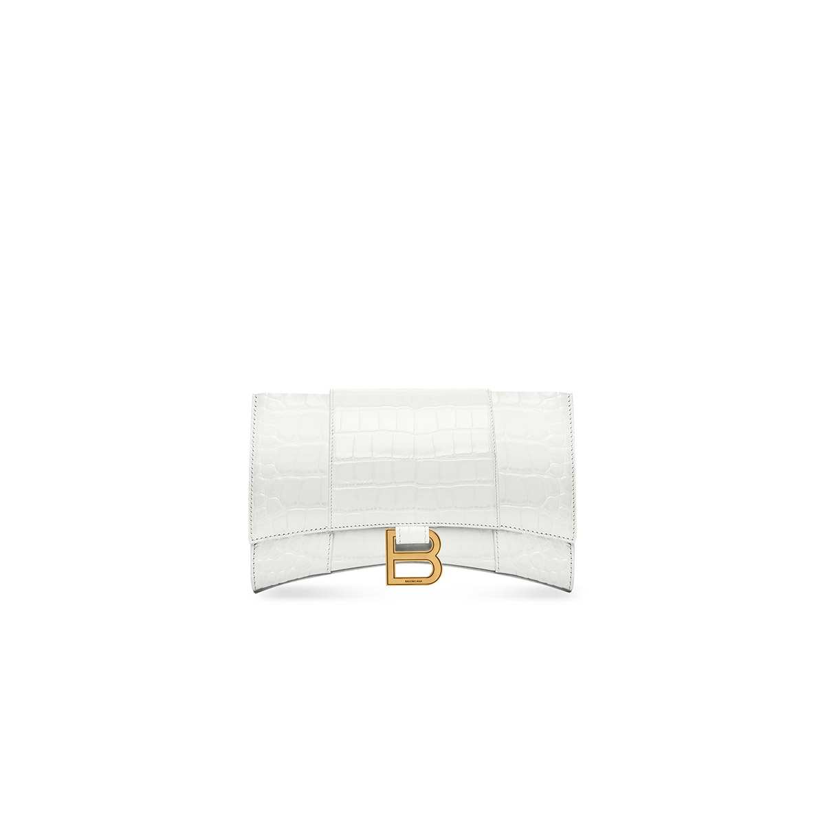 BALENCIAGA Hourglass Wallet On Chain In Crocodile Embossed Leather - White & Gold Hardware