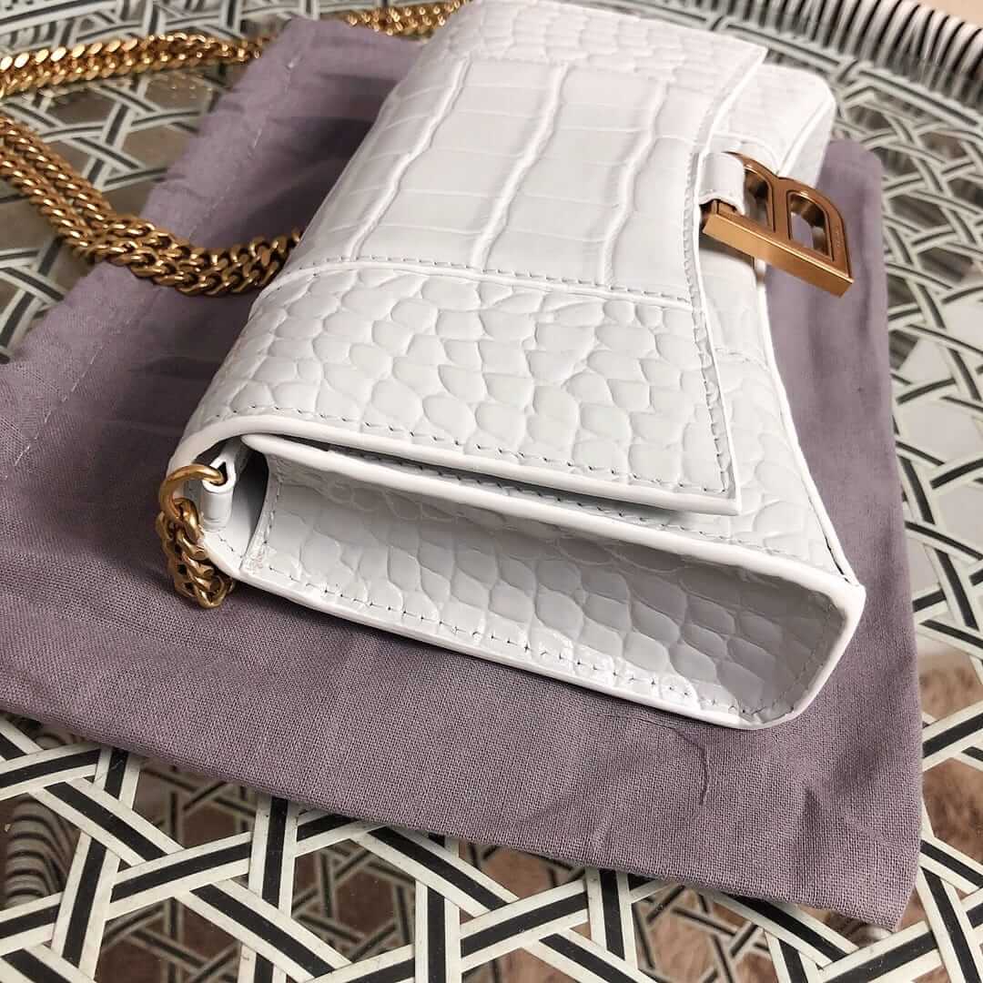 BALENCIAGA Hourglass Wallet On Chain In Crocodile Embossed Leather - White & Gold Hardware