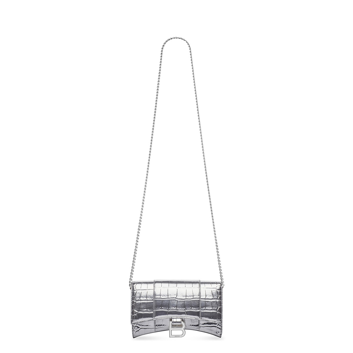 BALENCIAGA Hourglass Wallet On Chain In Crocodile Embossed Leather - Silver & Silver Hardware