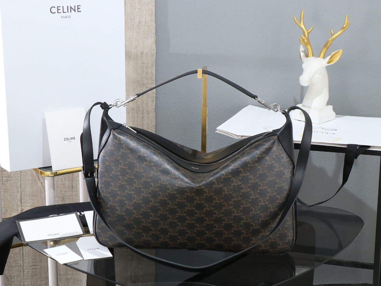 CELINE Large Strap Romy Bag in Triomphe Canvas And Calfskin - Black