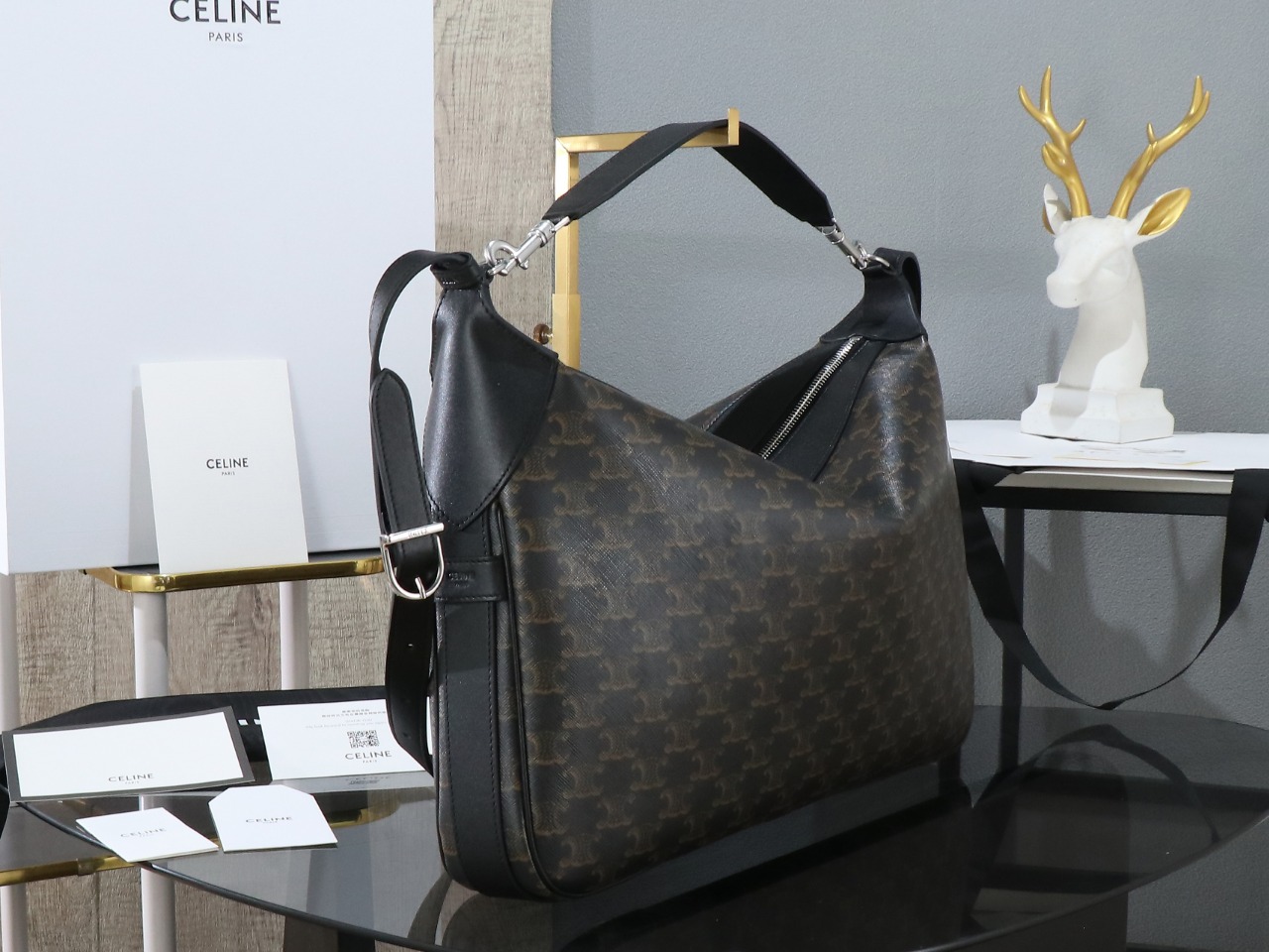 CELINE Large Strap Romy Bag in Triomphe Canvas And Calfskin - Black