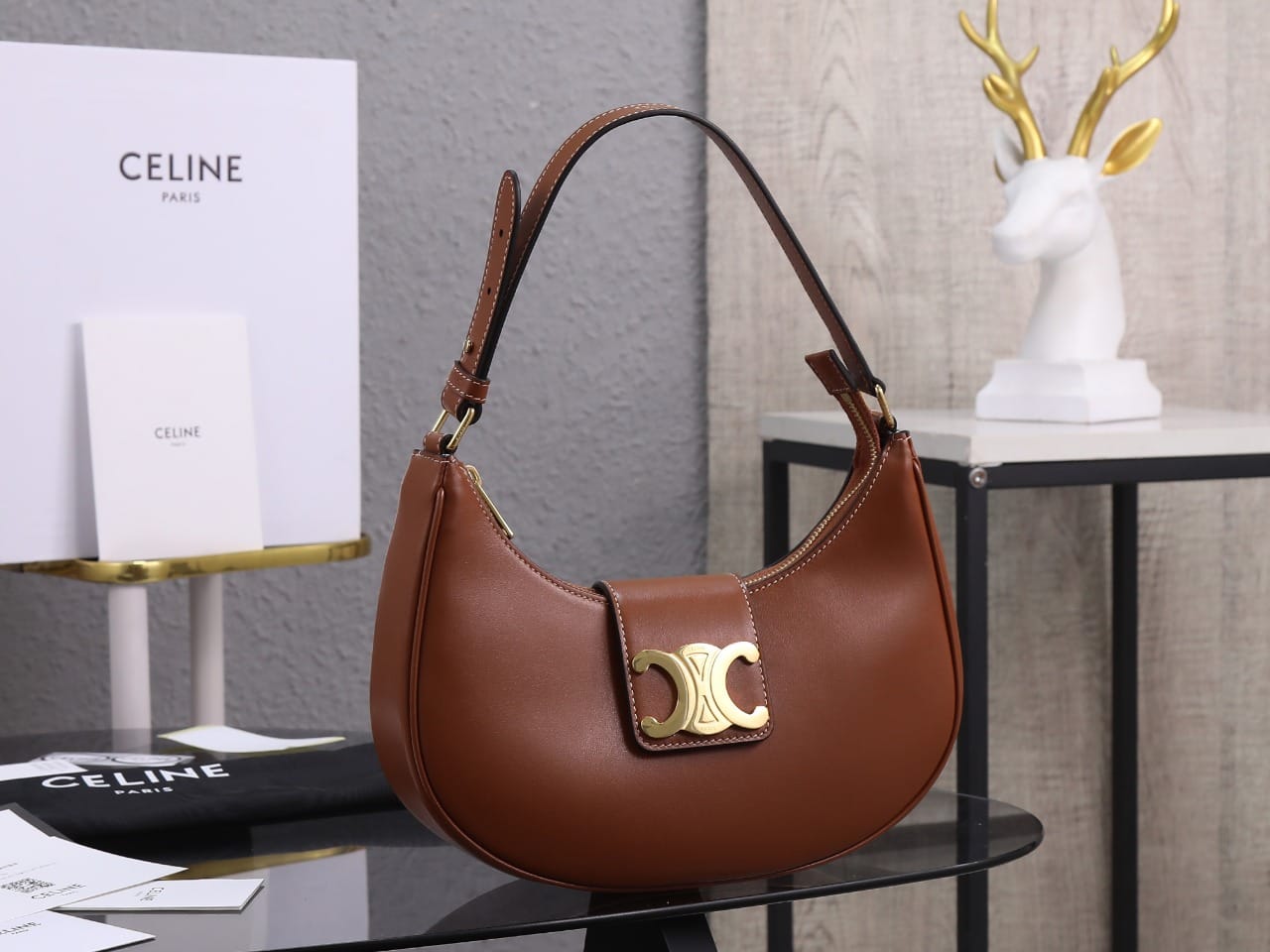 CELINE Medium Ava Triomphe Bag In Calfskin - Tan