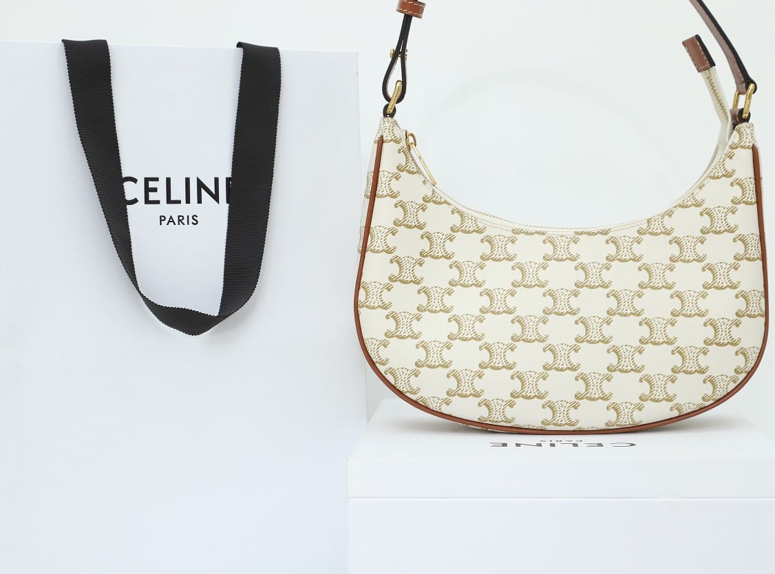 CELINE Medium Ava Bag In Triomphe Canvas And Calfskin - White