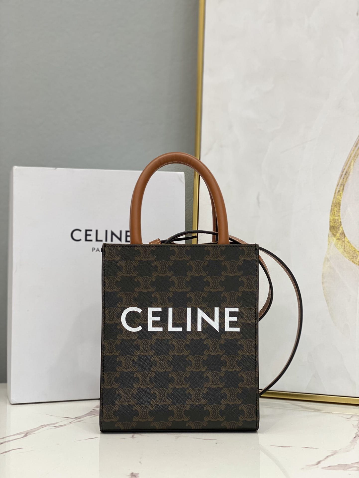 CELINE Mini Vertical Cabas In Triomphe Canvas And Calfskin With Celine Print - Black