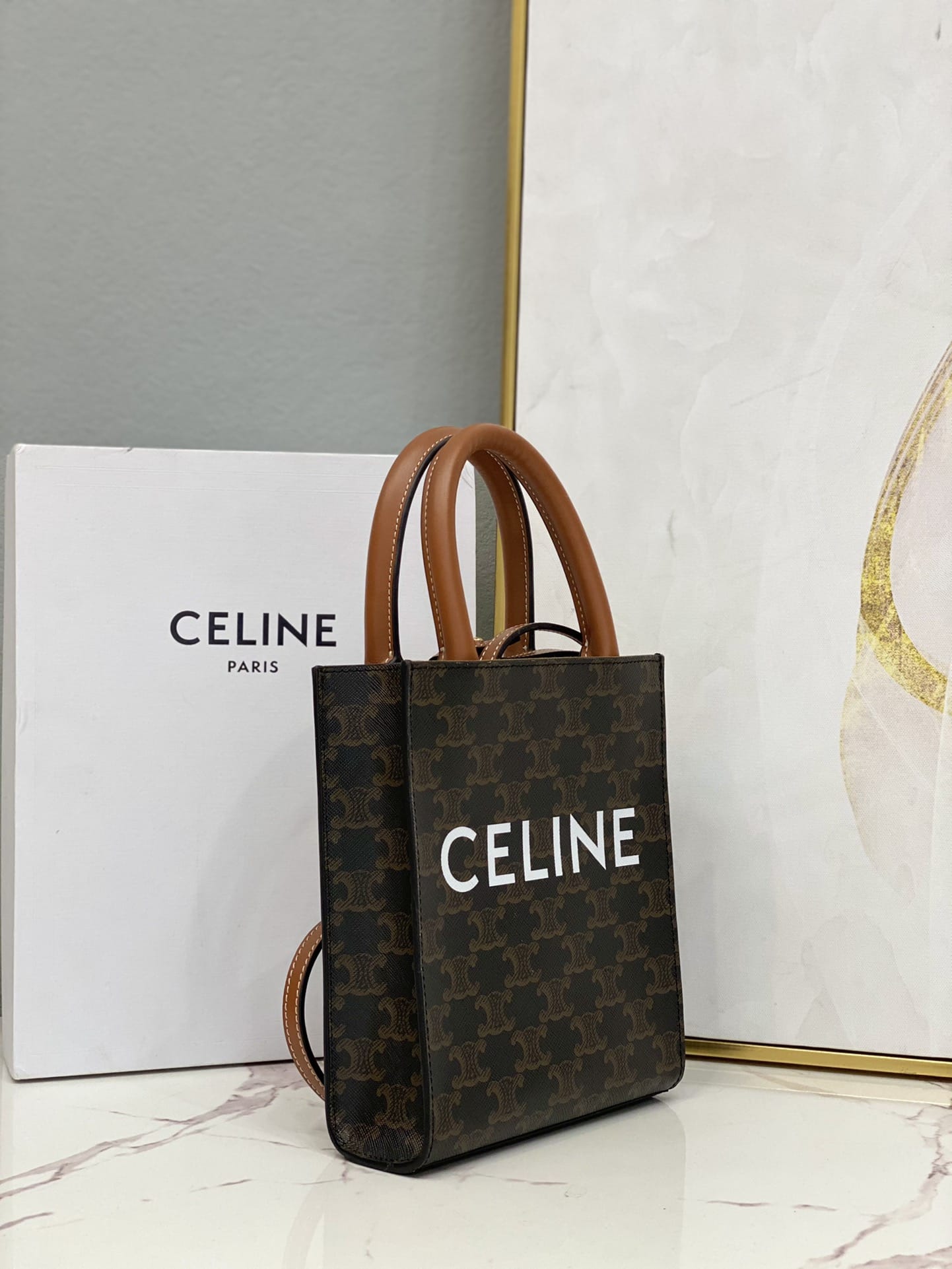 CELINE Mini Vertical Cabas In Triomphe Canvas And Calfskin With Celine Print - Black