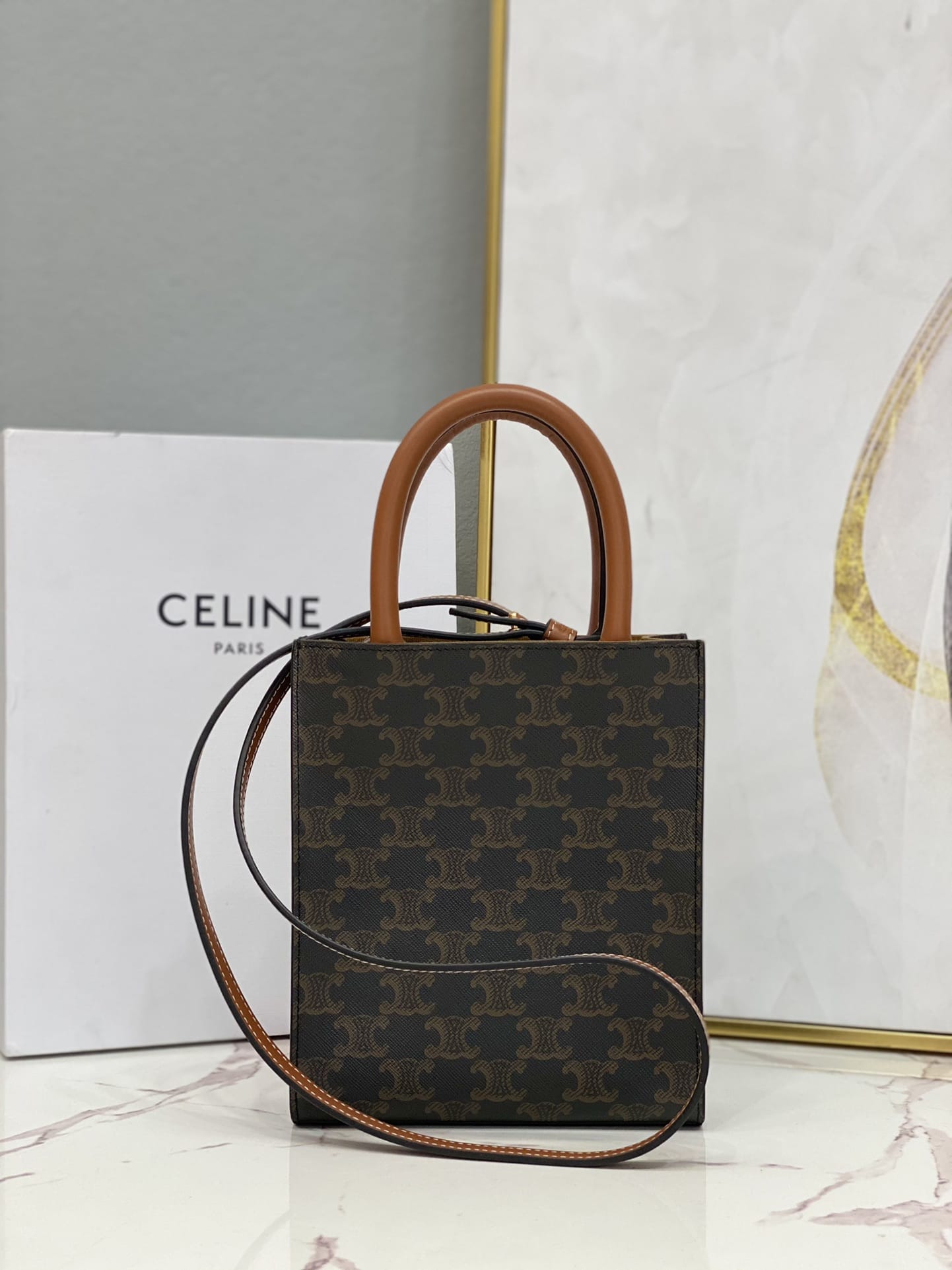 CELINE Mini Vertical Cabas In Triomphe Canvas And Calfskin With Celine Print - Black