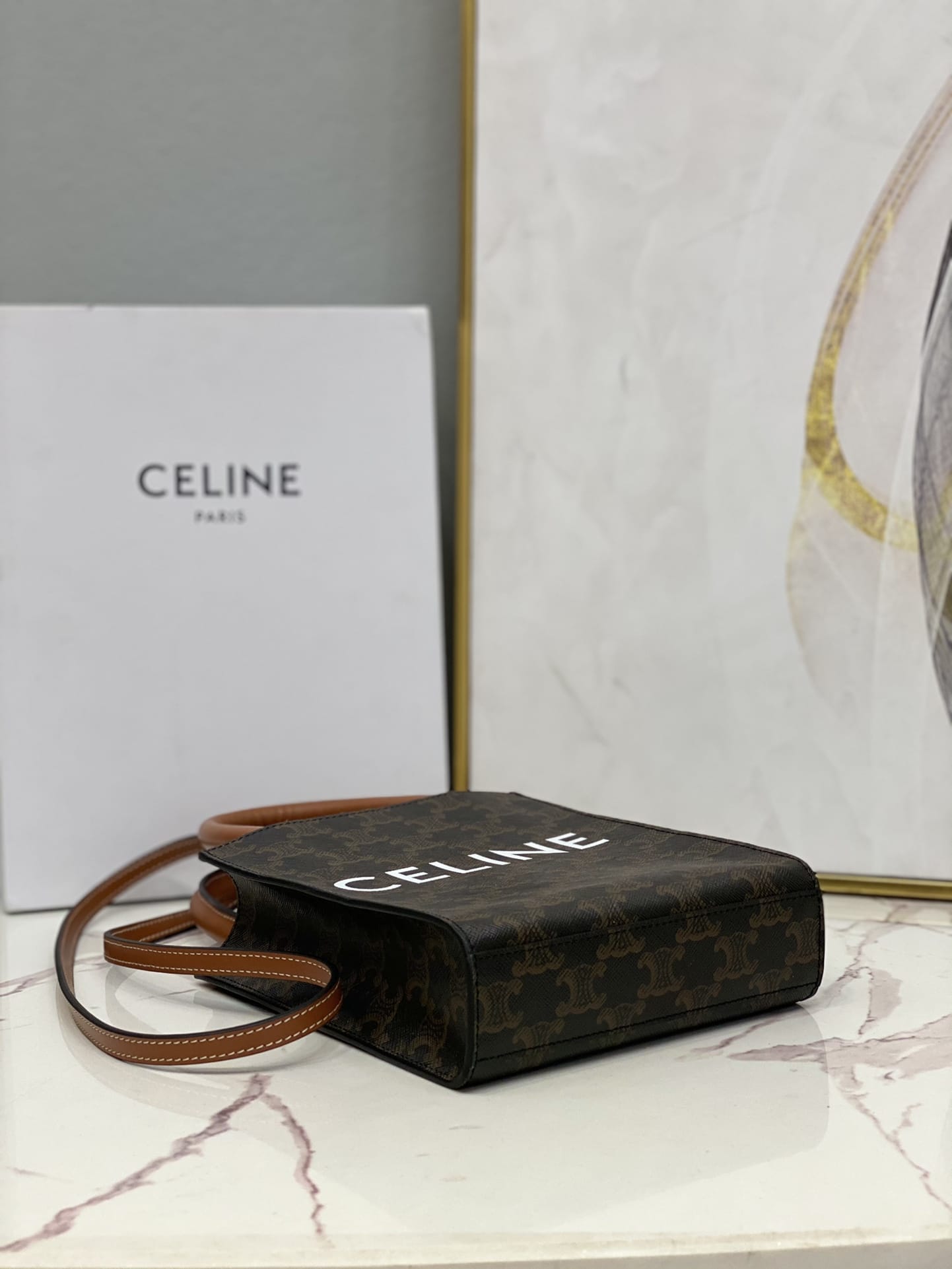 CELINE Mini Vertical Cabas In Triomphe Canvas And Calfskin With Celine Print - Black