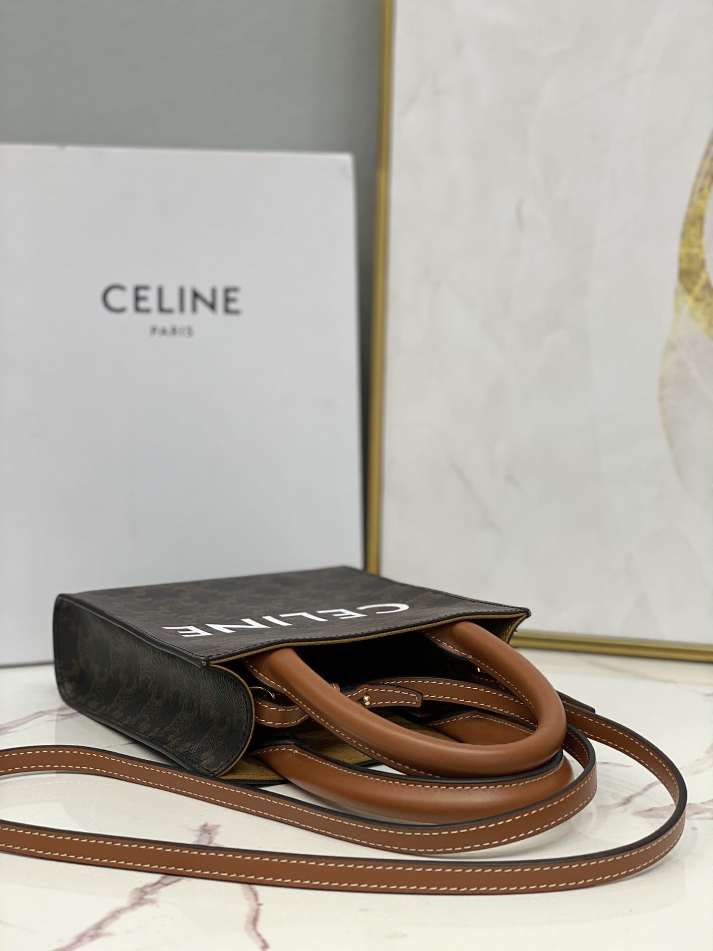 CELINE Mini Vertical Cabas In Triomphe Canvas And Calfskin With Celine Print - Black