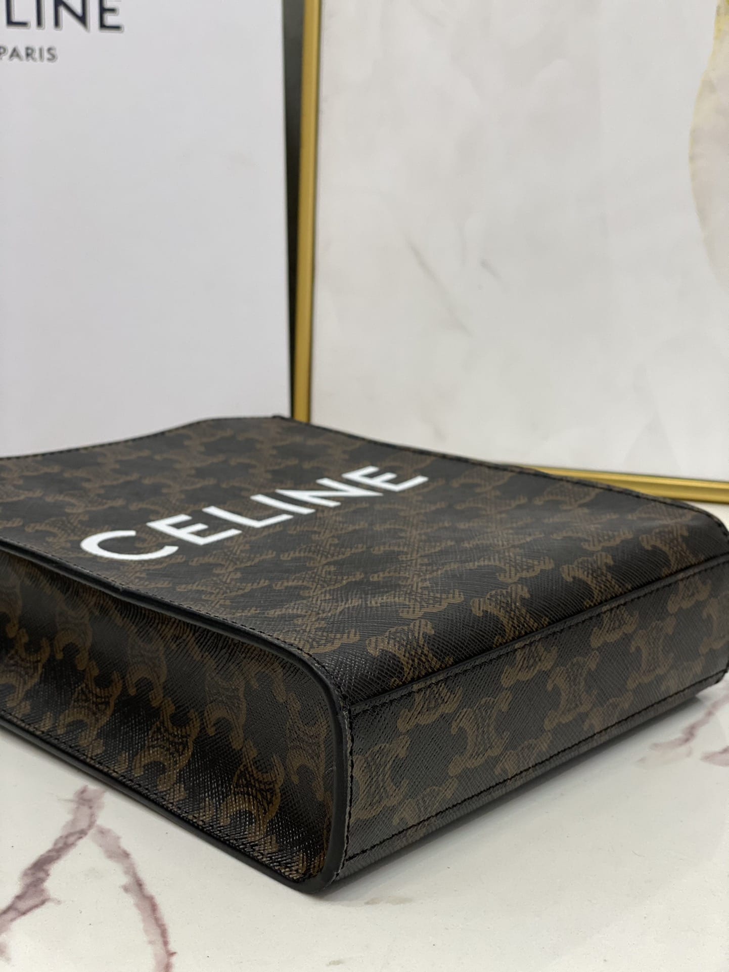 CELINE Mini Vertical Cabas In Triomphe Canvas And Calfskin With Celine Print - Black