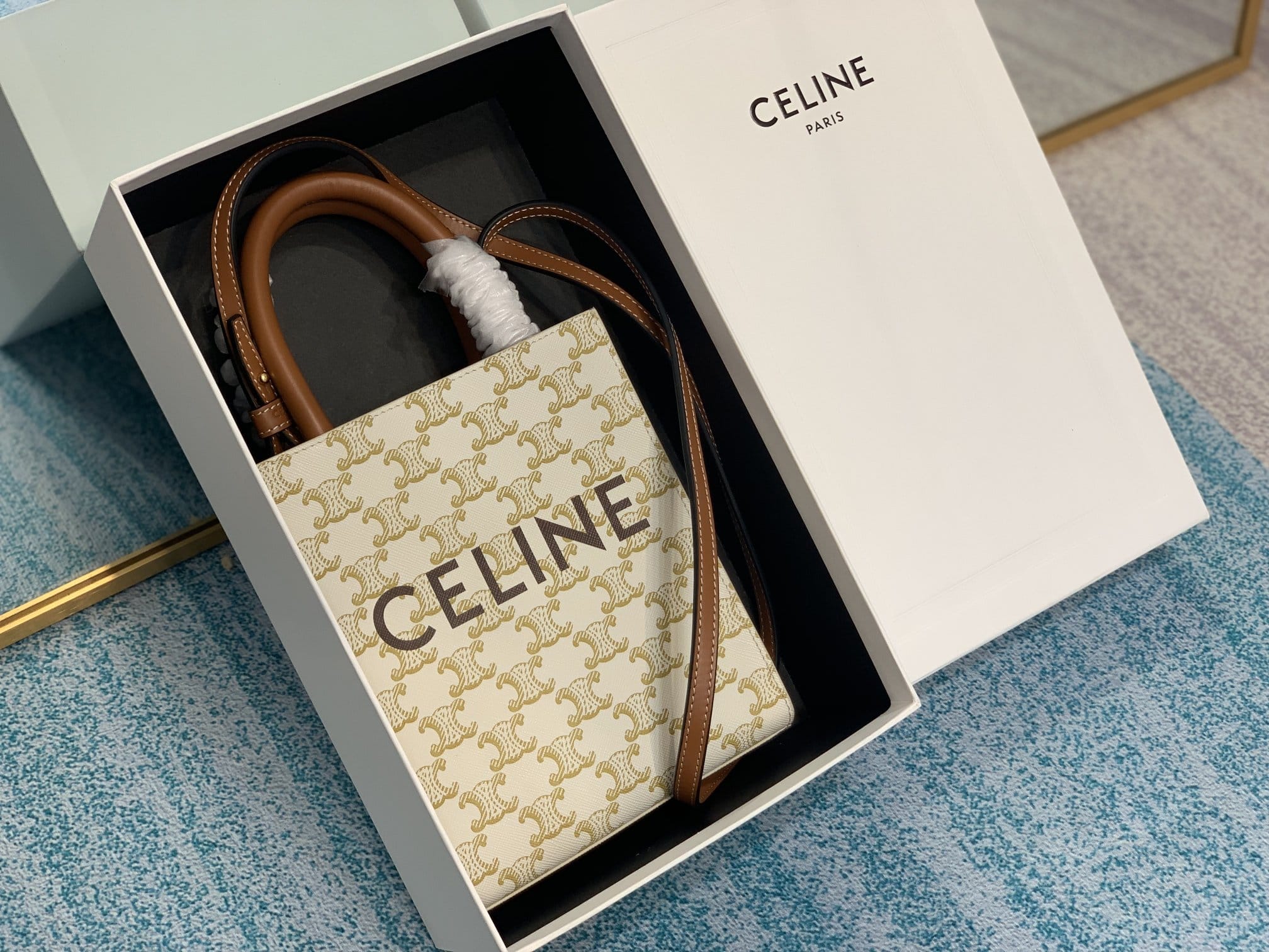 CELINE Mini Vertical Cabas In Triomphe Canvas And Calfskin With Celine Print - White