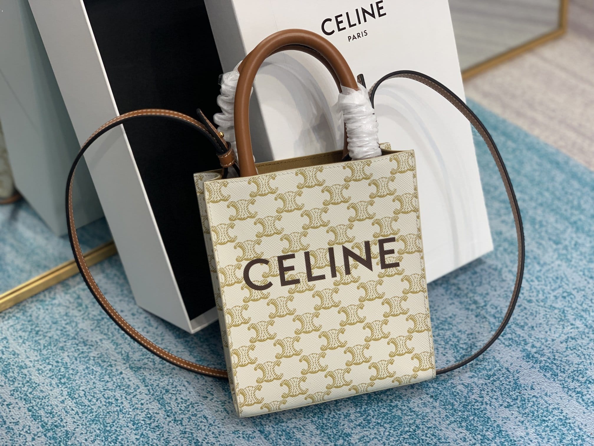 CELINE Mini Vertical Cabas In Triomphe Canvas And Calfskin With Celine Print - White