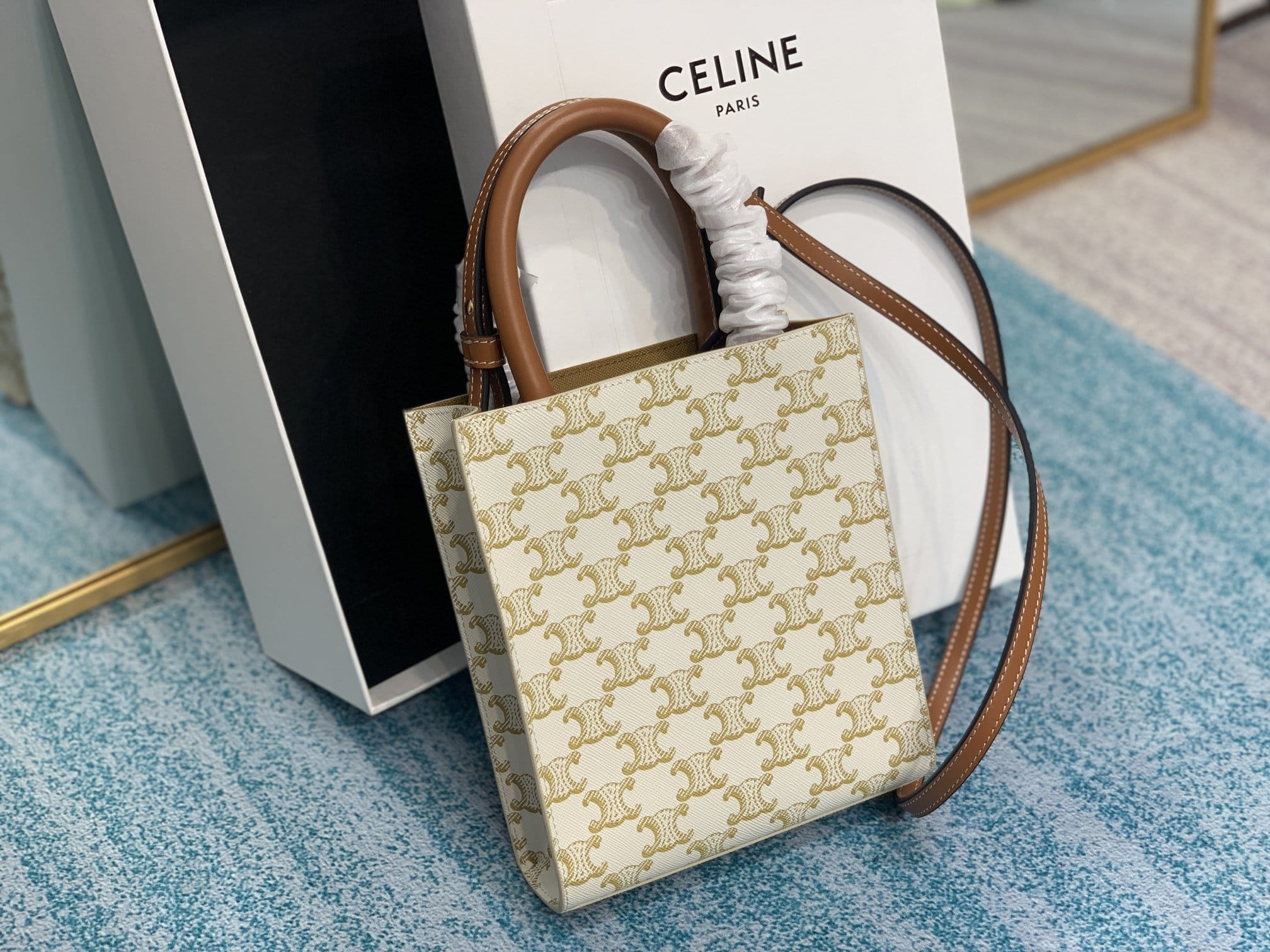 CELINE Mini Vertical Cabas In Triomphe Canvas And Calfskin With Celine Print - White