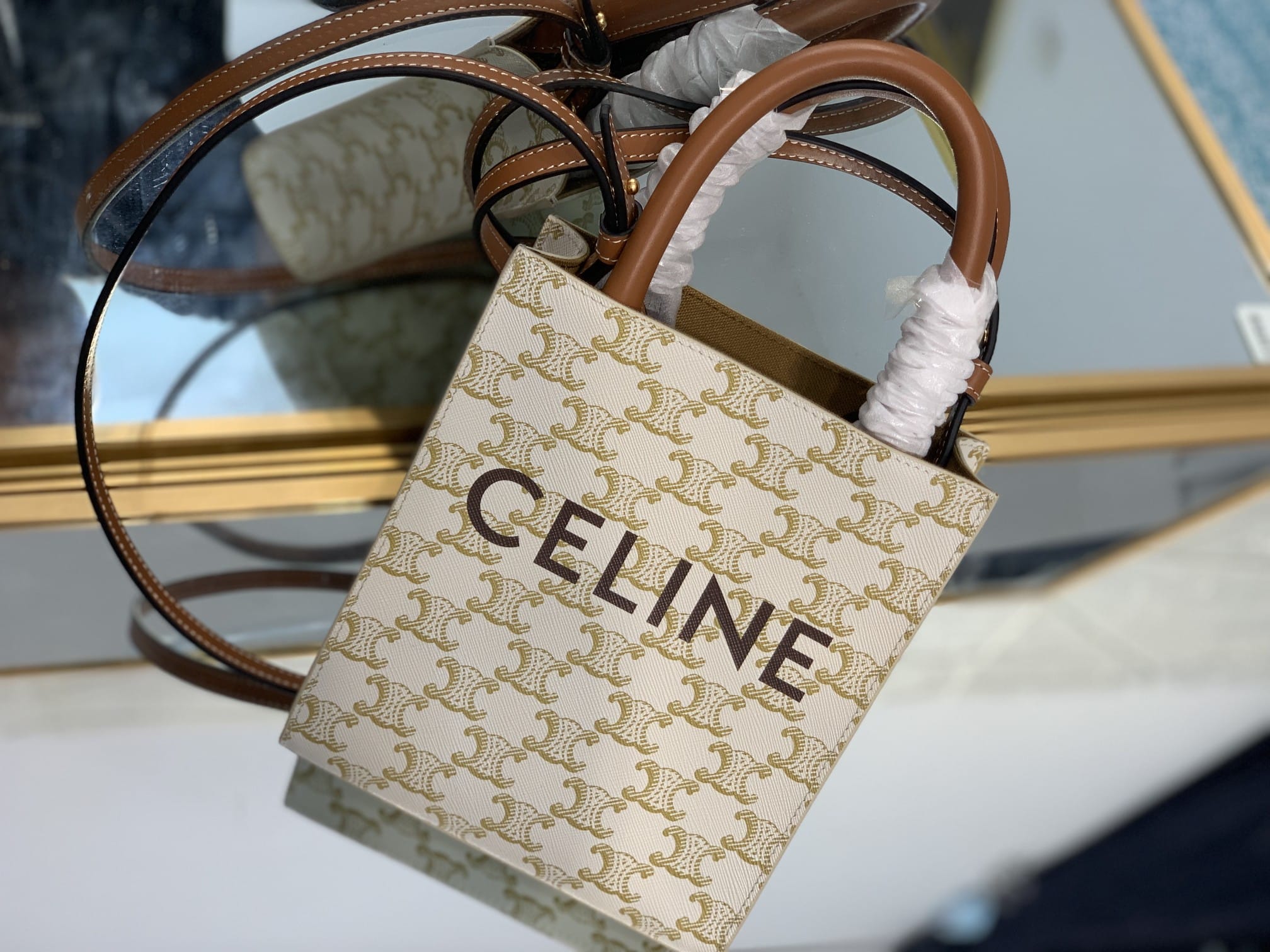 CELINE Mini Vertical Cabas In Triomphe Canvas And Calfskin With Celine Print - White