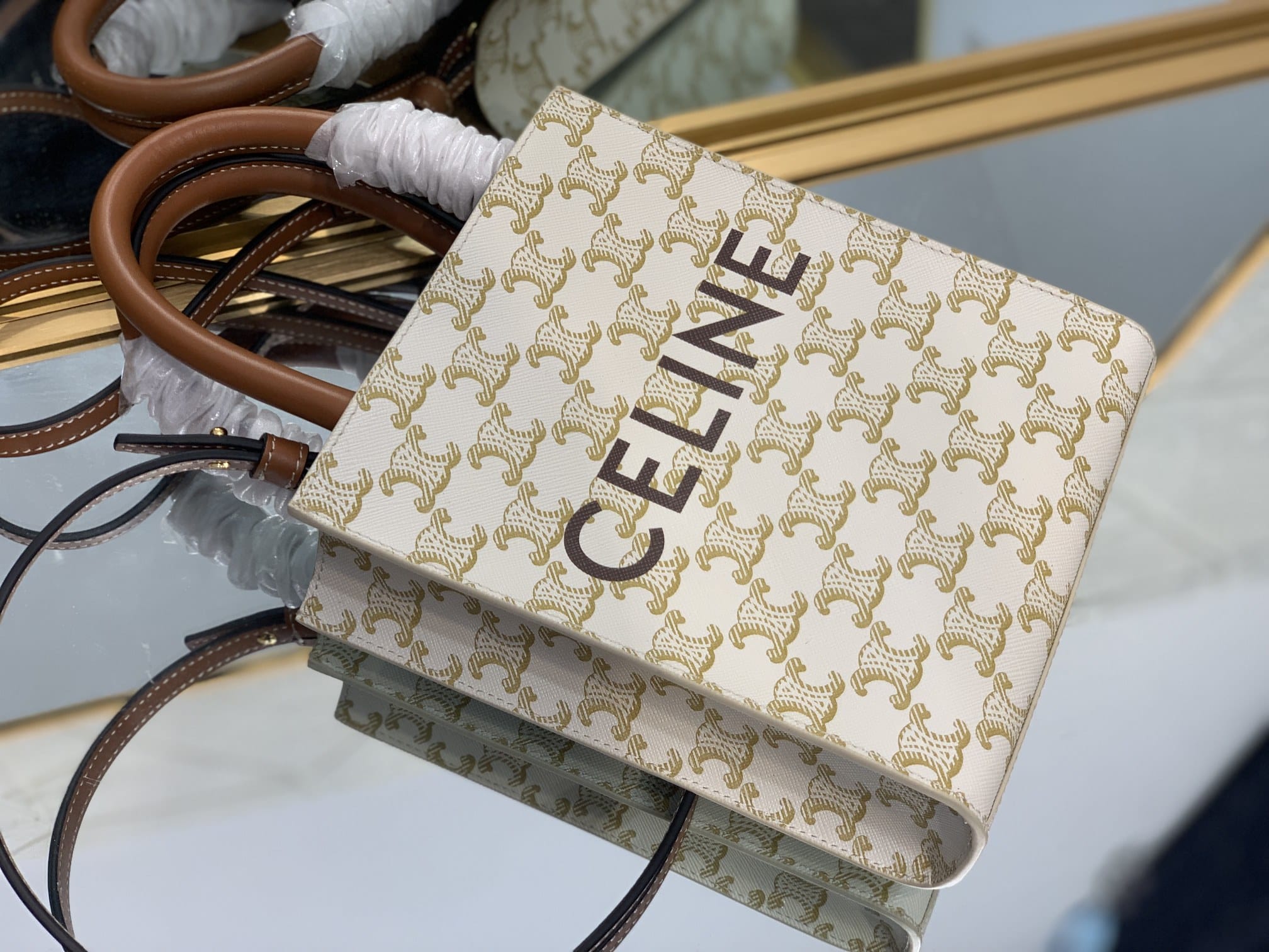 CELINE Mini Vertical Cabas In Triomphe Canvas And Calfskin With Celine Print - White