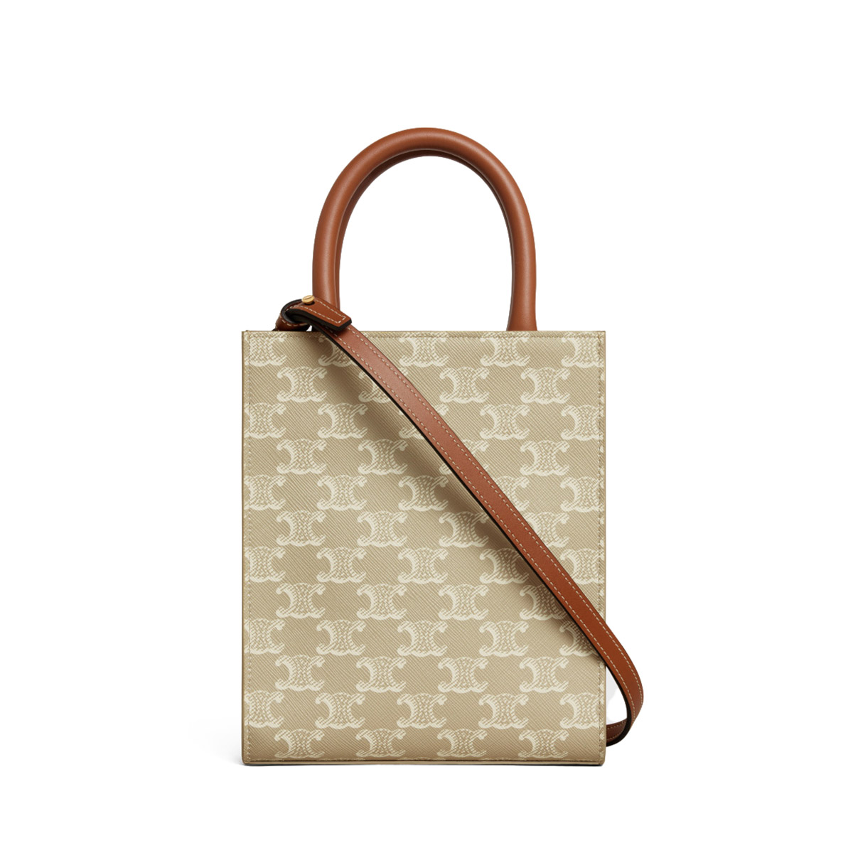 CELINE Mini Vertical Cabas In Triomphe Canvas And Calfskin With Celine Print -Beige