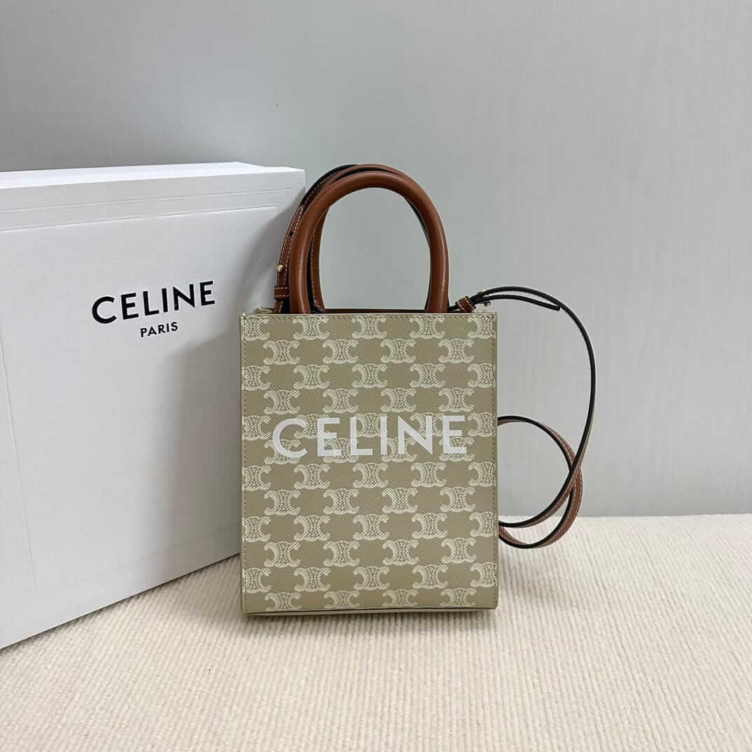 CELINE Mini Vertical Cabas In Triomphe Canvas And Calfskin With Celine Print -Beige