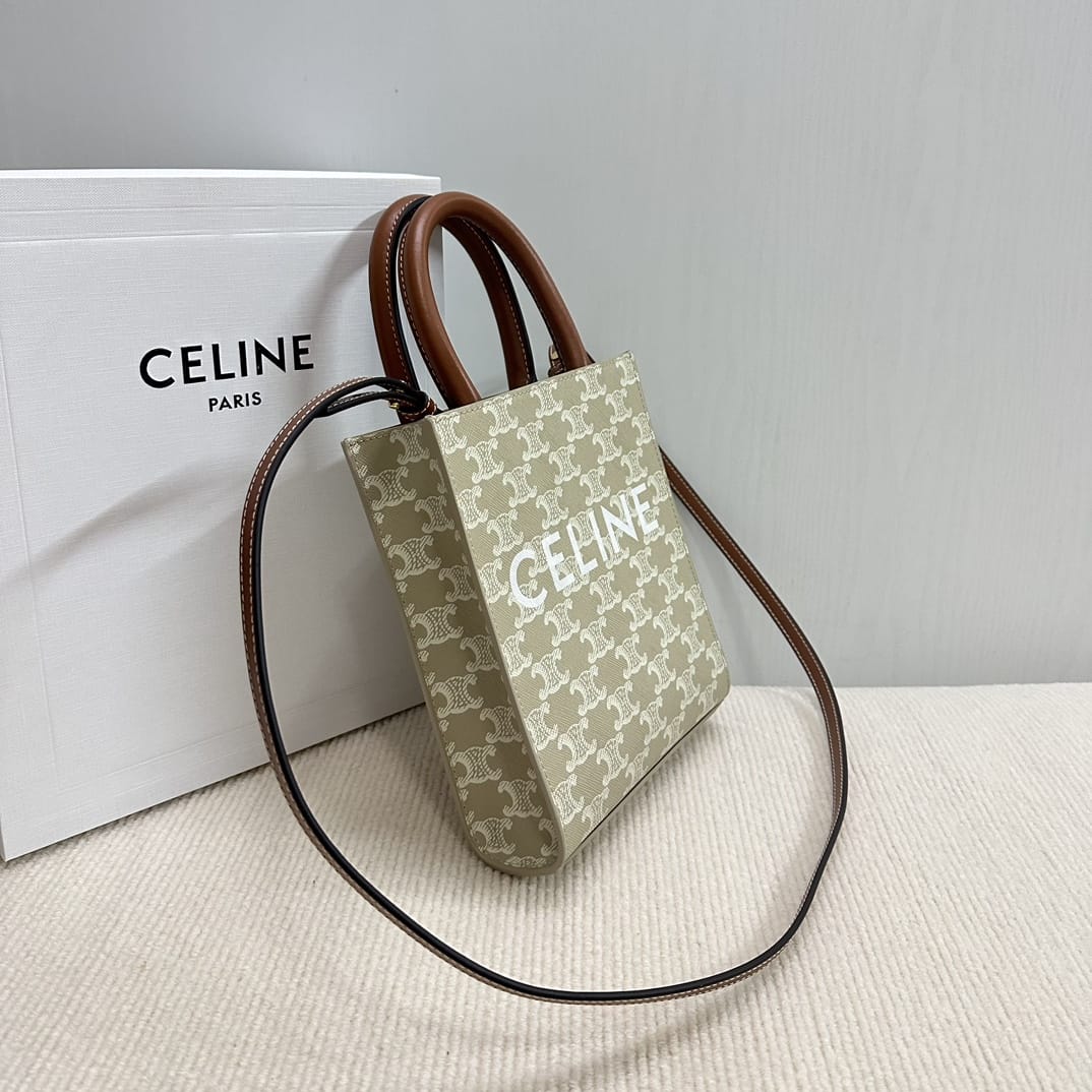 CELINE Mini Vertical Cabas In Triomphe Canvas And Calfskin With Celine Print -Beige