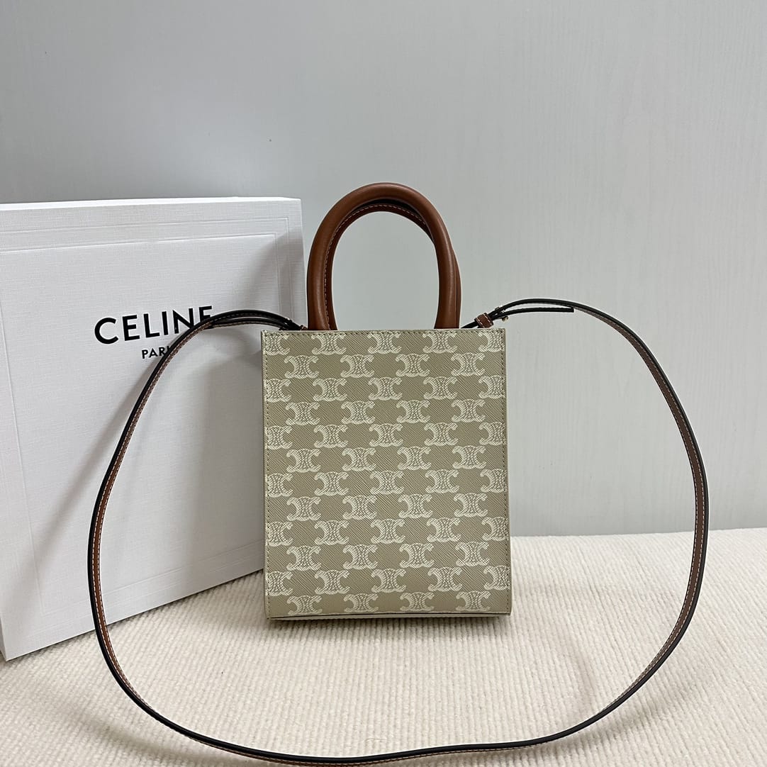 CELINE Mini Vertical Cabas In Triomphe Canvas And Calfskin With Celine Print -Beige