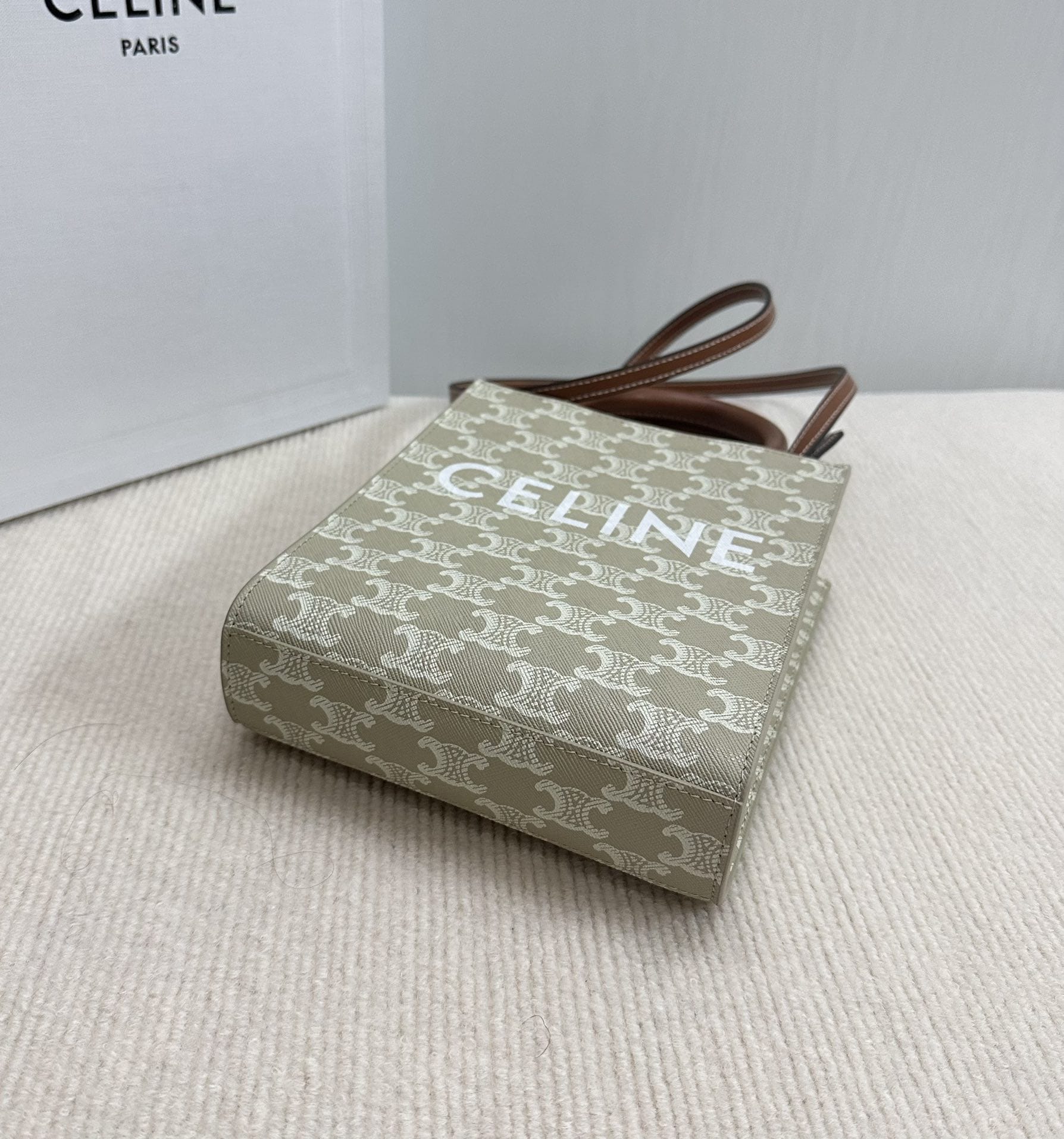 CELINE Mini Vertical Cabas In Triomphe Canvas And Calfskin With Celine Print -Beige