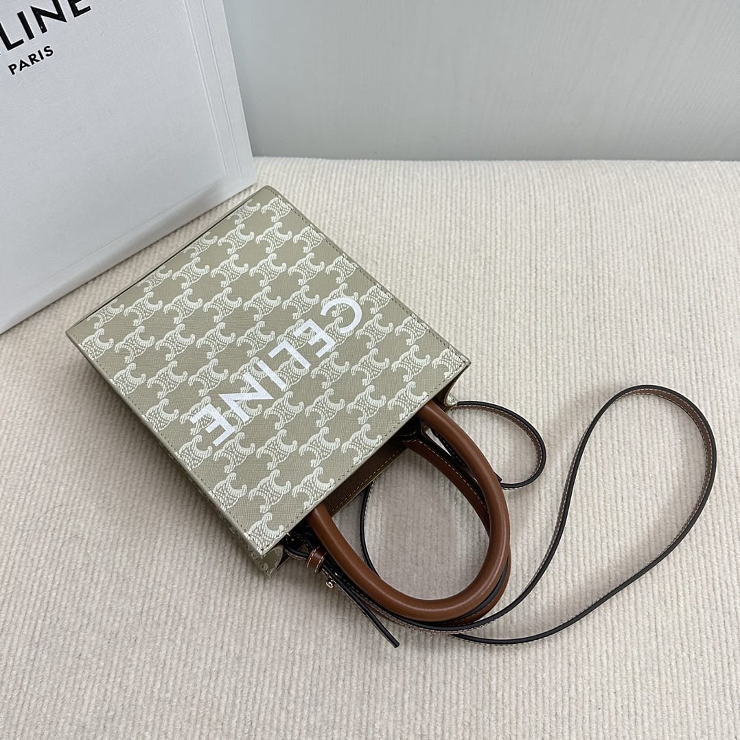 CELINE Mini Vertical Cabas In Triomphe Canvas And Calfskin With Celine Print -Beige