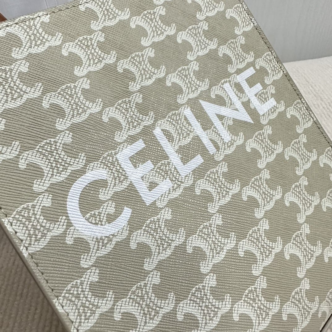 CELINE Mini Vertical Cabas In Triomphe Canvas And Calfskin With Celine Print -Beige