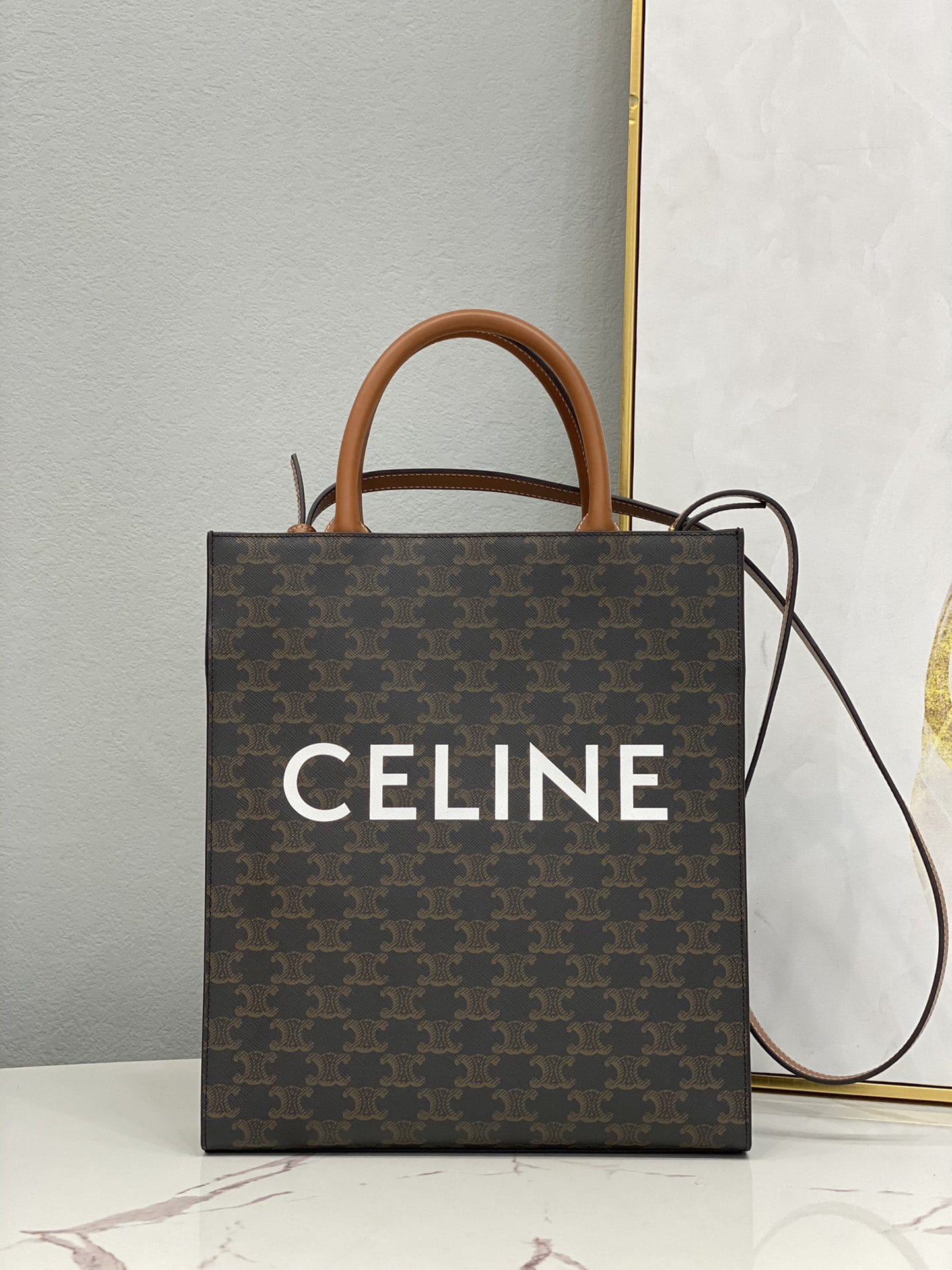 CELINE Small Vertical Cabas In Triomphe Canvas And Calfskin With Celine Print - White