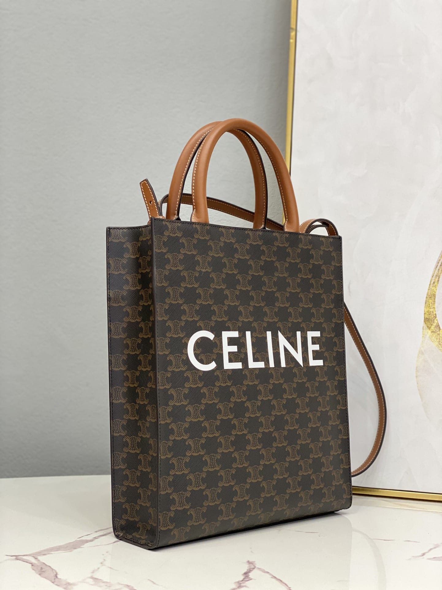 CELINE Small Vertical Cabas In Triomphe Canvas And Calfskin With Celine Print - White