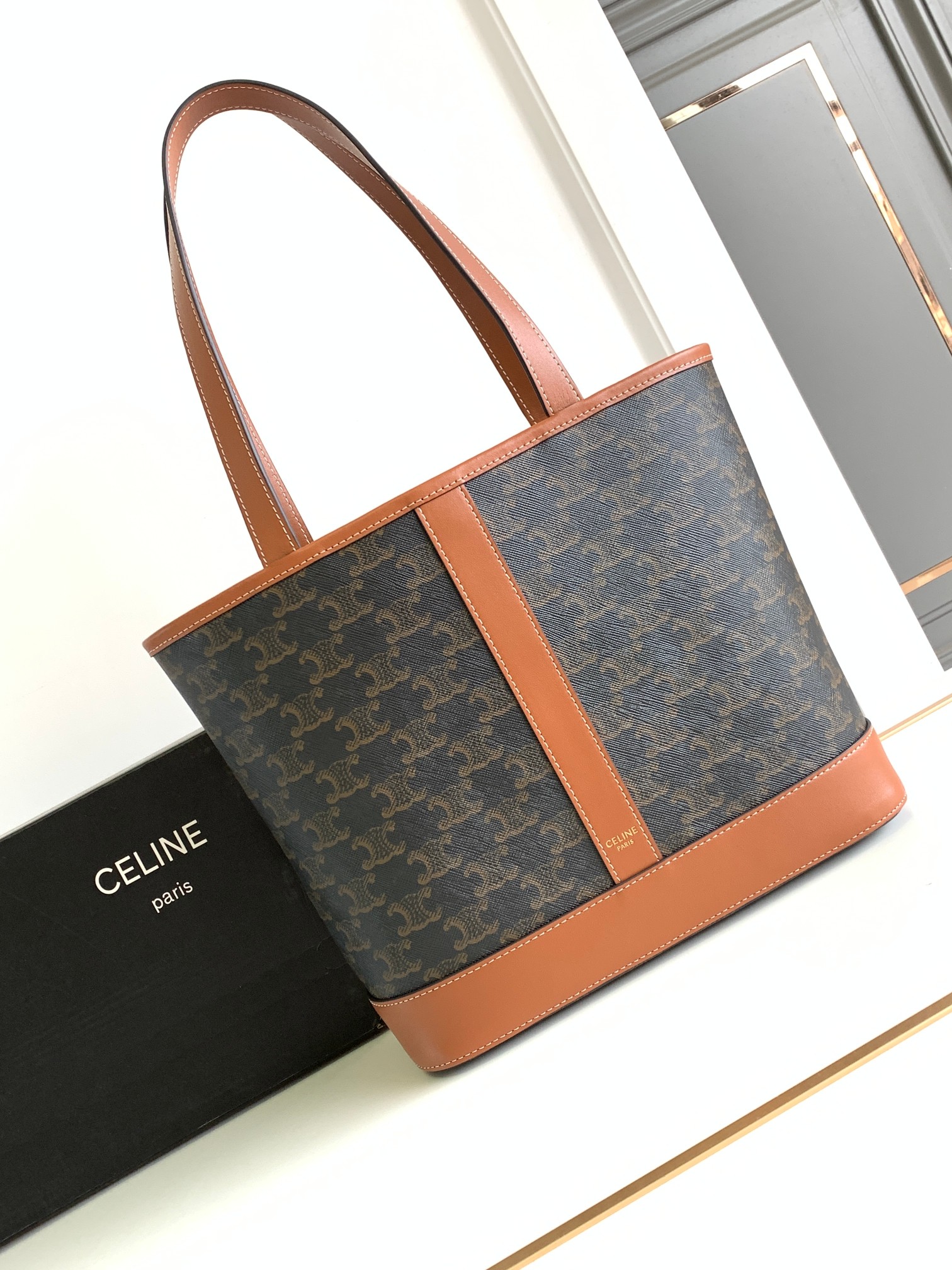 CELINE Small Cabas Tote Bag In Triomphe Canvas And Calfskin - Tan