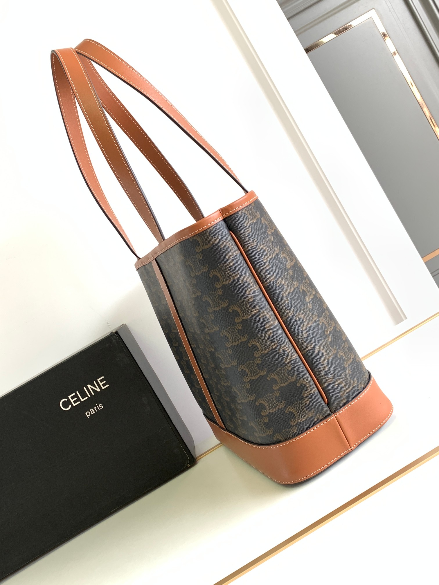 CELINE Small Cabas Tote Bag In Triomphe Canvas And Calfskin - Tan