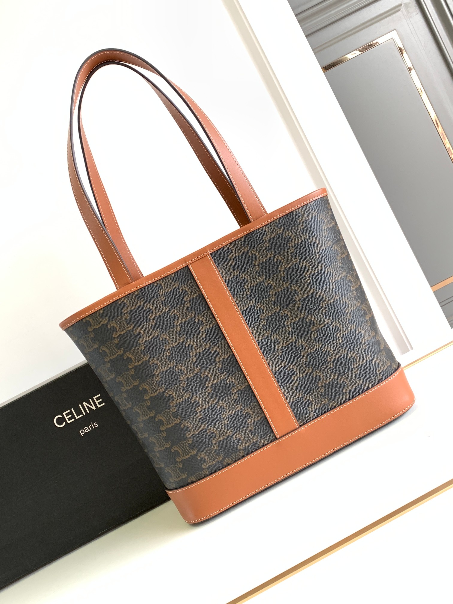 CELINE Small Cabas Tote Bag In Triomphe Canvas And Calfskin - Tan