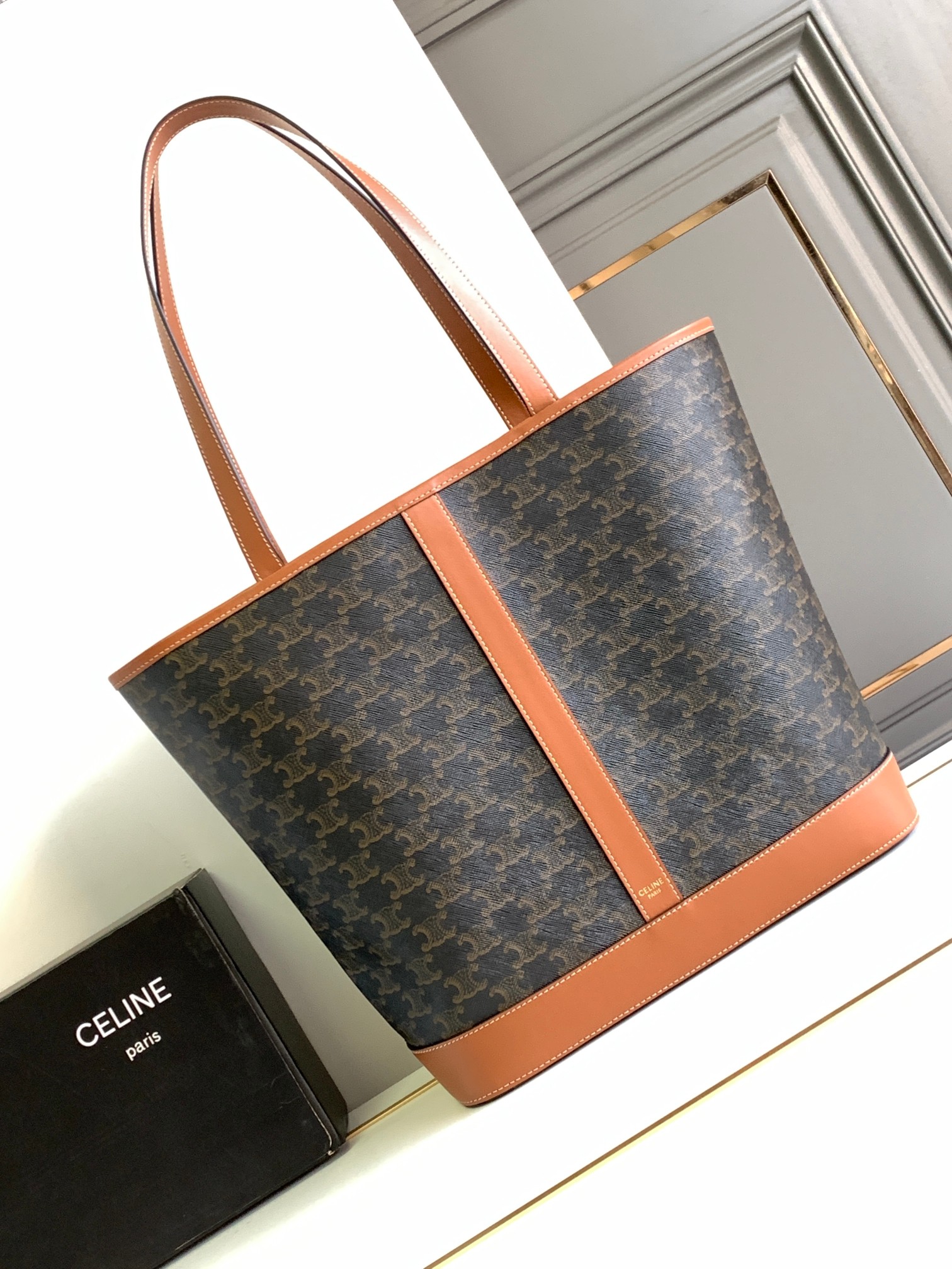 CELINE Medium Cabas Tote Bag In Triomphe Canvas And Calfskin - Tan