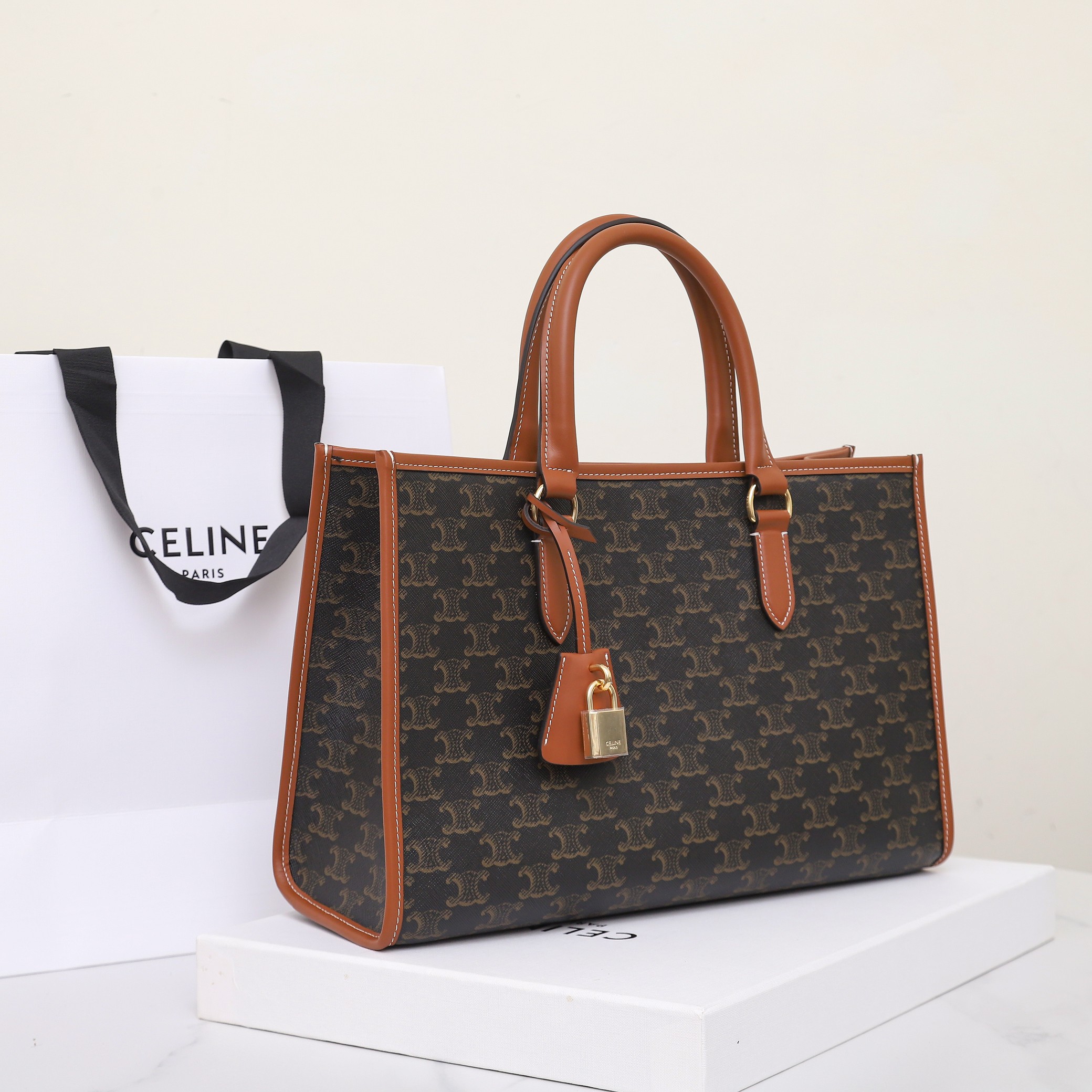 CELINE Mini Horizontal Cabas In Triomphe Canvas And Calfskin - Tan