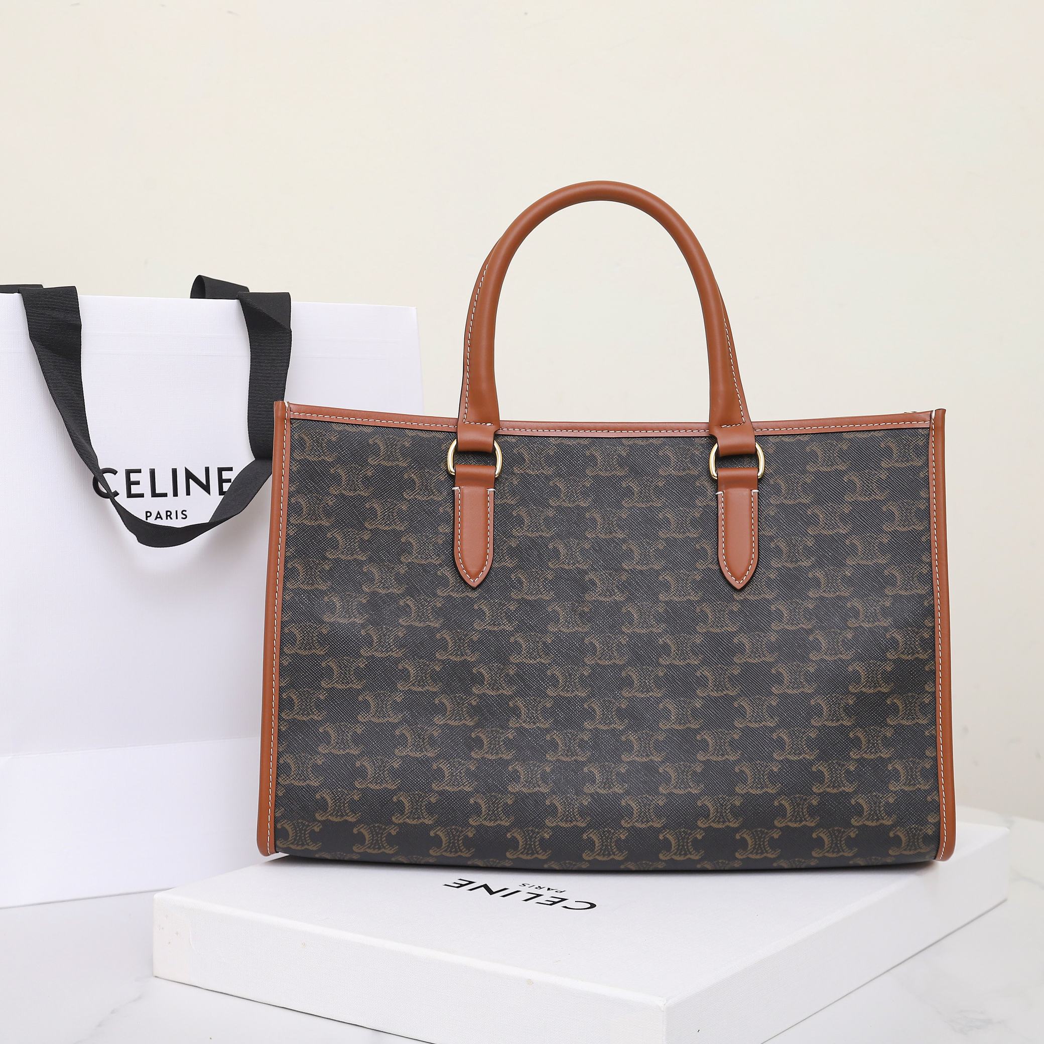 CELINE Mini Horizontal Cabas In Triomphe Canvas And Calfskin - Tan