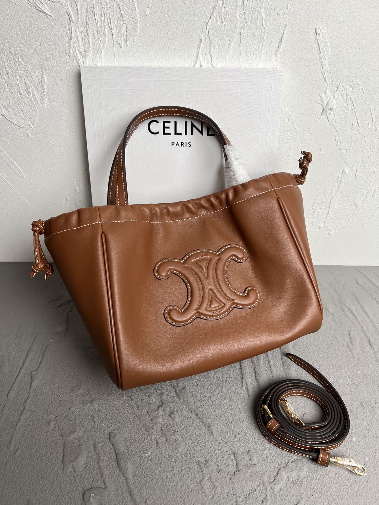 CELINE Small Cabas Drawstring Cuir Triomphe in Smooth Calfskin - Tan