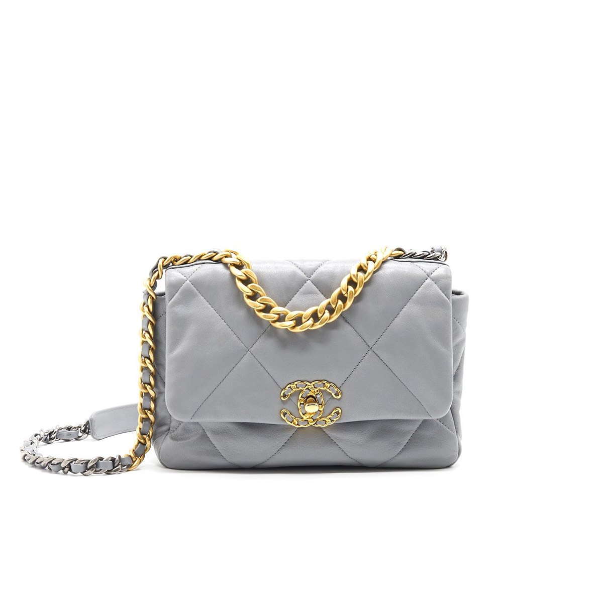 CHANEL 19 Small Flap Bag in Shiny Lambskin - Gray