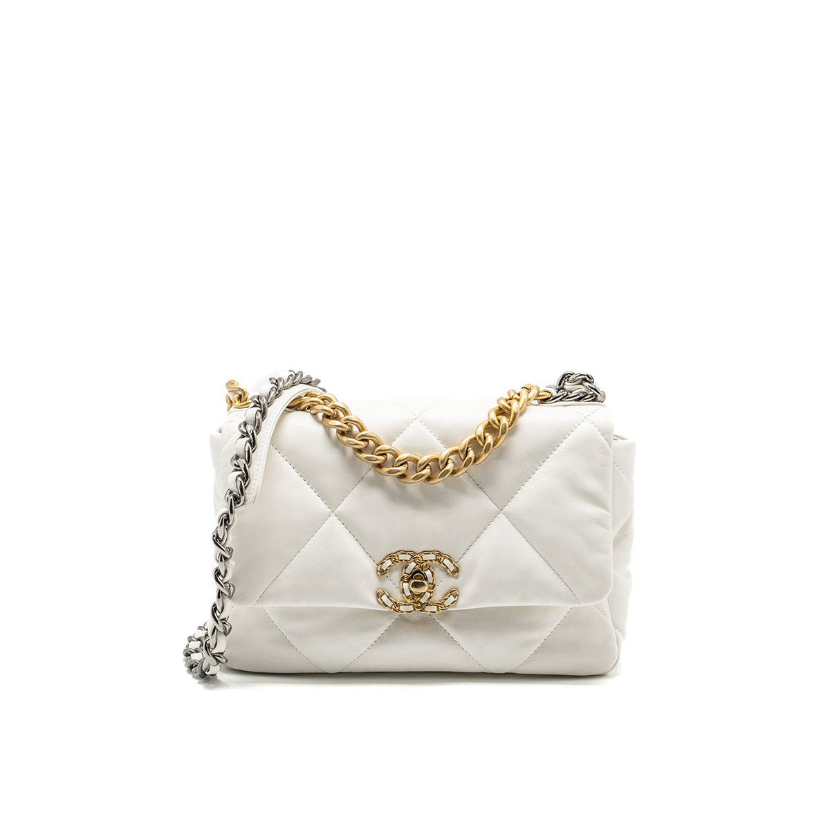 CHANEL 19 Small Flap Bag in Shiny Lambskin - White 