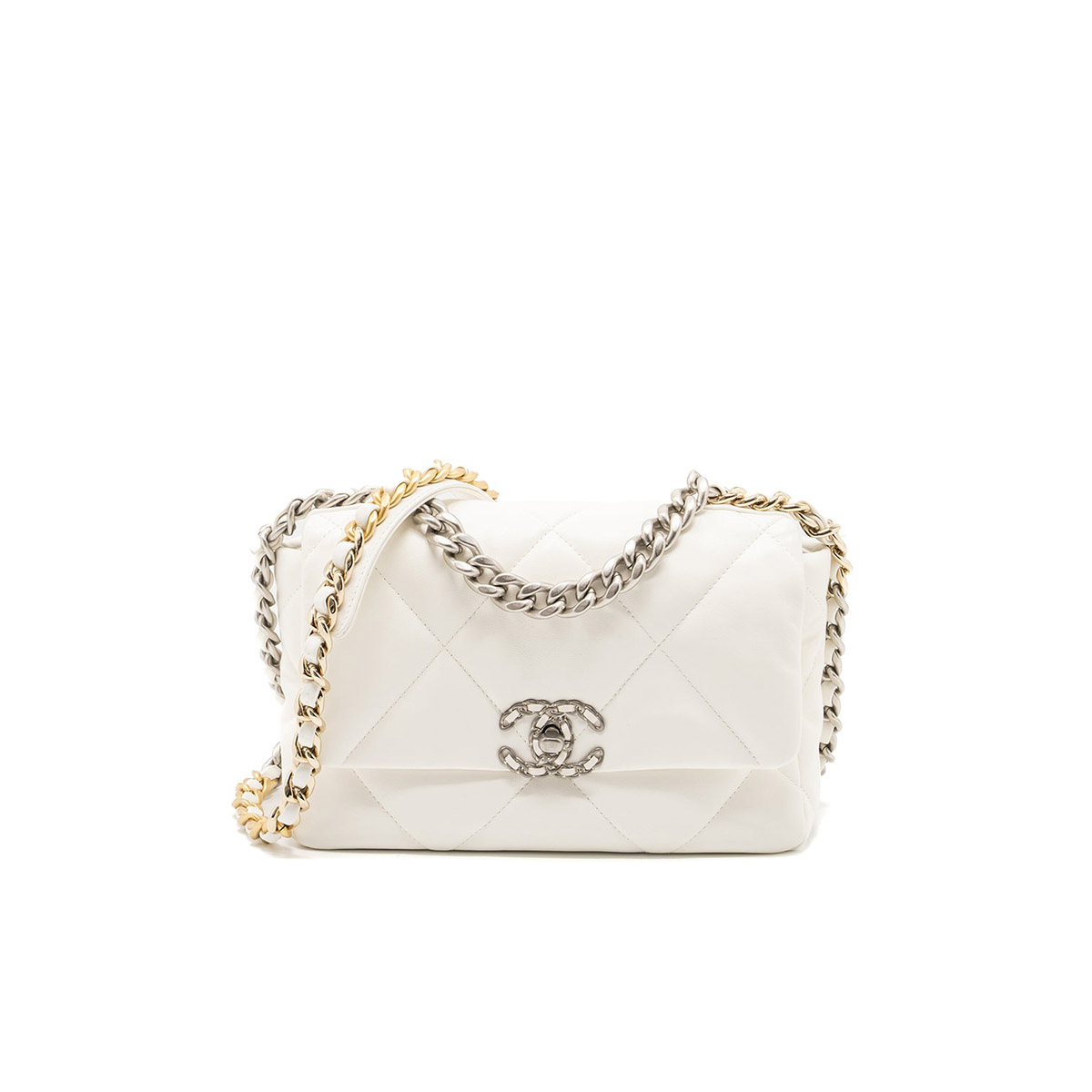 CHANEL 19 Small Flap Bag in Shiny Lambskin - White & Silver