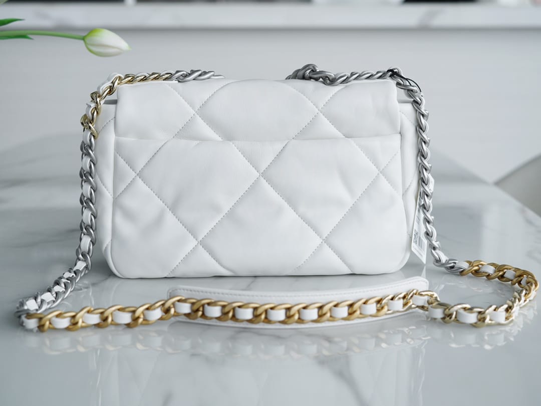 CHANEL 19 Small Flap Bag in Shiny Lambskin - White & Silver