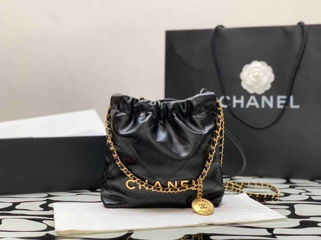 CHANEL 22 Mini Hobo Bag in Shiny Calfskin - Black 