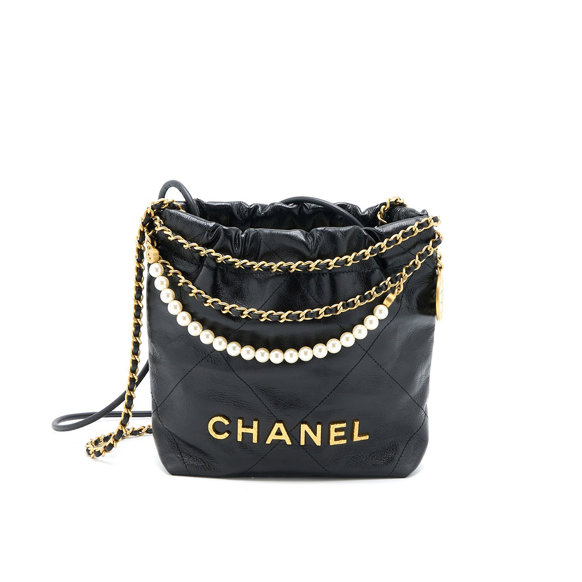 CHANEL 22 Mini Hobo Bag With Pearl Shiny Calfskin - Black 