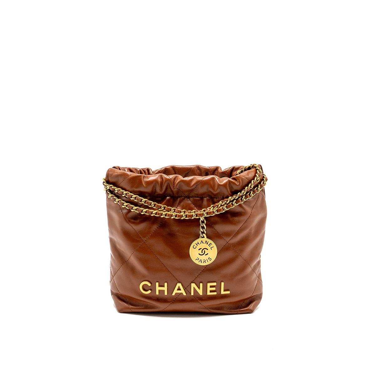 CHANEL 22 Mini Hobo Bag in Shiny Calfskin - Dark Beige